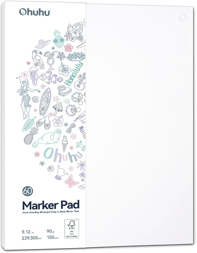 ohuhu double-sided marker pad art sketchbook bleedproof - 9"x12" large paper size - 90 lb/150 gsm smooth drawing paper - 60 sheets/120 pages, glue-bound sketching book for alcohol markers