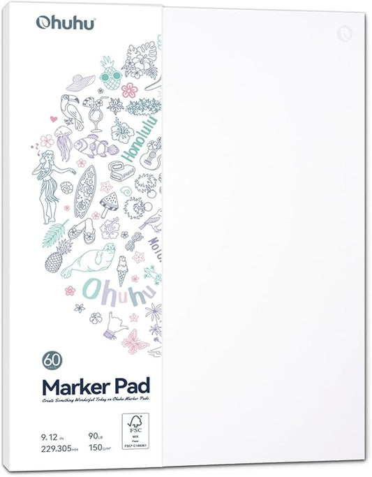 ohuhu double-sided marker pad art sketchbook bleedproof - 9"x12" large paper size - 90 lb/150 gsm smooth drawing paper - 60 sheets/120 pages, glue-bound sketching book for alcohol markers