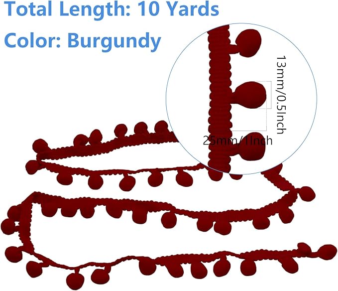 Homiest 10 Yards Pom Pom Trim for Sewing, 1 Inch Wide Burgundy Ribbon Bundles Textured Fabric Fringe Ribbon, 13mm Ball Pompom Trim for DIY Crafts Curtain Clothes Pillow Home Decoration