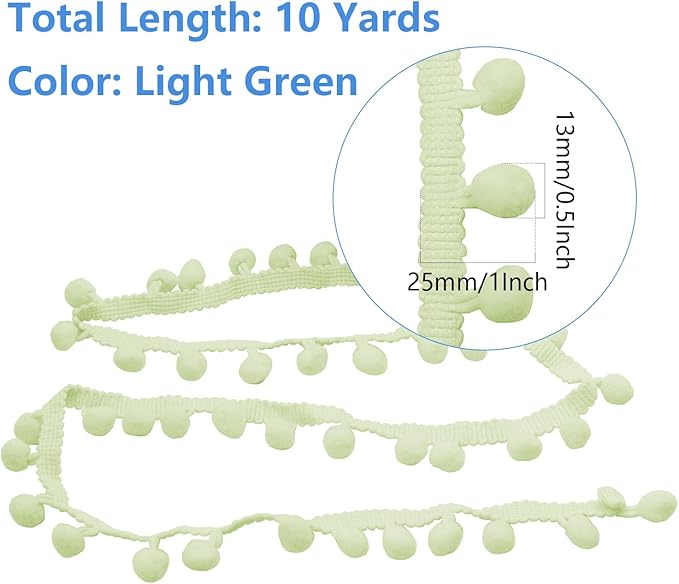 Homiest 10 Yards Pom Pom Trim for Sewing, 1 Inch Wide Light Green Ribbon Bundles Textured Fabric Fringe Ribbon, 13mm Ball Pompom Trim for DIY Crafts Curtain Clothes Pillow Home Decoration