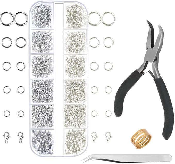 Anezus Jump Rings for Jewelry Making Supplies with Jump Ring Pliers (1200Pcs Dull Silver and Bright Silver)