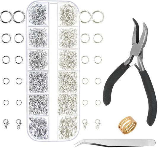 Anezus Jump Rings for Jewelry Making Supplies with Jump Ring Pliers (1200Pcs Dull Silver and Bright Silver)