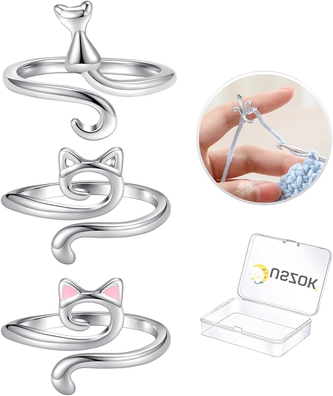 Juszok Crochet Rings for Crocheting Adjustable Crochet Tension Ring for Finger Cat Yarn Guide Ring Knitting Crochet Accessories with Box for Women 3Pcs