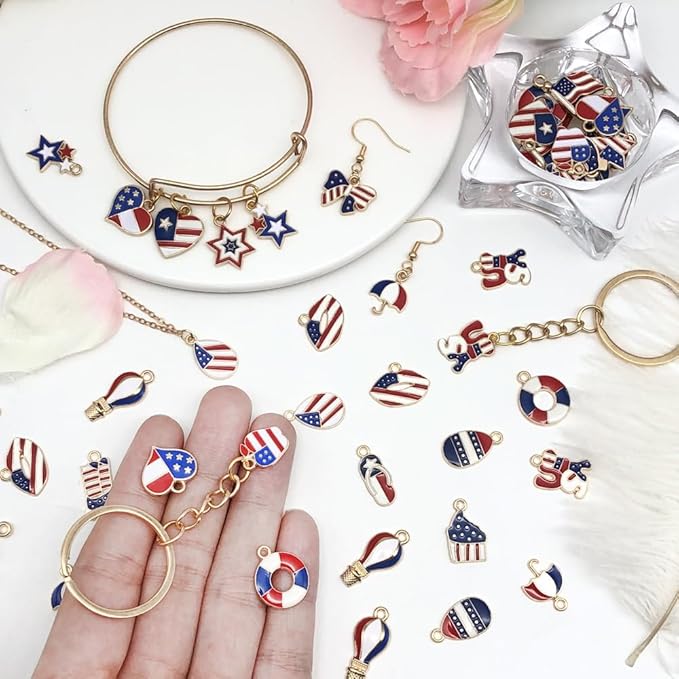 WOCRAFT 120pcs Assorted Enamel Bracelet 4th of July Independence Day American Flag Charms for Jewelry Making Crafts, DIY Necklace Bracelet Keychain Crafting Kit (SN802)
