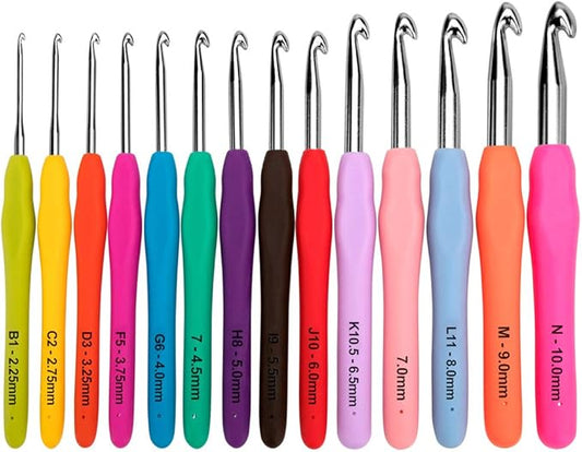 BCMRUN Crochet Hooks Set,14 Pcs 2.25mm(B)-10mm(N) Ergonomic Soft Grip Handles,Smooth Knitting Needles Kit with Bag for Arthritic Hands,Extra Long  Plus Knit Needles Weave Yarn Set,Best Gift for Women