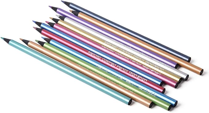 qianshan Metallic Colored Pencils 12 Colors - Non-toxic Black Wood Colored Pencils Pre-sharpened Wooden Sketching Pencils Set for Adults Coloring Book, Art Drawing, Black Paper, No Duplicates