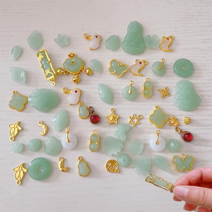 50Pcs Inlaid Alloy Imitation Jade Beads Accessories for DIY Jewelry Crafts Making,Assorted Shaped Spacer Charms Beads with Hole for DIY Necklace Bracelet Earrings Crafts Jewelry Making Kits
