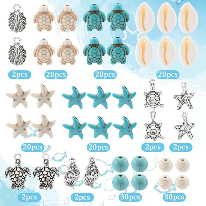 SUNNYCLUE 1 Box 12 Styles Turtle Beads Boho Style Starfish Beads Bulk Blue White Synthetic Turquoise Sea Turtles Charms Hawaii Shell Round Loose Spacers for Jewelry Making Beading Kits