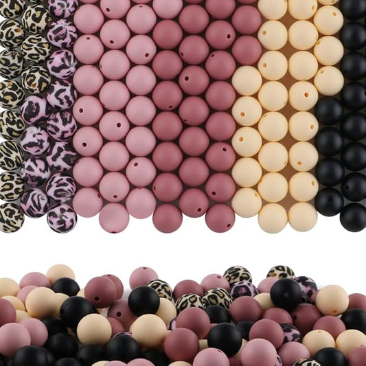 150Pcs Mixed Color 15mm Silicone Beads for Keychain Making, Beige Blush Leopard Print Silicone Beads for Pens and Bracelet Jewelry Making