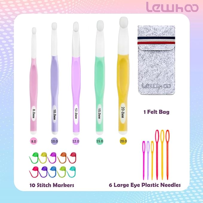 Lewhoo Large Sizes Crochet Hook Ergonomic Crochet Hooks Set,Big Crochet Hooks 8mm 10m 12mm 15mm 20mm