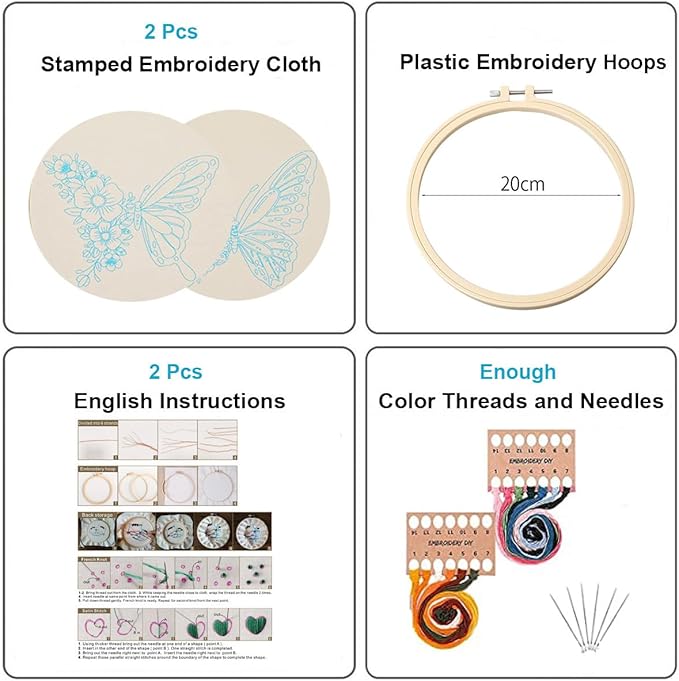 Konrisa Embroidery Kits with Butterfly Flower Pattern, Stamped Embroidery Starter Kit for Beginners Adults Needlepoint Kits Include Embroidery Fabric Embroidery Hoop Threads and Needles,Set of 2