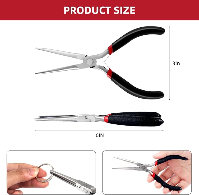 Needle Nose Pliers 6Inch Extra Long Nose Pliers with Comfort Grip Handles Non-Serrated Jaws Mini Small Needle Nose Pliers for Wire Wrapping Handmade Craft Jewelry Making Supplies (Black)