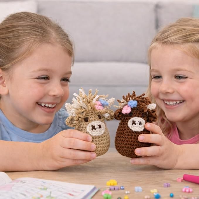 LEISURE ARTS Crochet Kit, Pudgies Highland Cow, Tan, 4", Crochet Kit for Beginners, Complete Kit, Animal Kits, Animal DIY Amigurumi Kits
