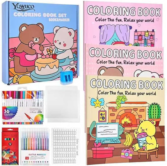 yqwuco coloring book set for adults,3 pack easy and simple designs coloring set,stress relief gifts with 36 colors markers &12 pcs glitter markers &12 pcs colored pencils for adults relaxation
