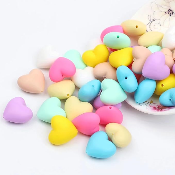 40PCS Heart Silicone Beads Mix Color Silicone Beads Bulk Spacer Beads Colorful Shaped Beads for DIY Craft Garland Keychain Lanyard Necklace Bracelet Jewelry Making Accessories Handmade Crafts