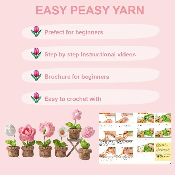 Crochet Set - Beginner Friendly Crochet Set with Step-by-Step Teaching Videos and Crochet Pattern Manuals (Pink Small Potted Plant)
