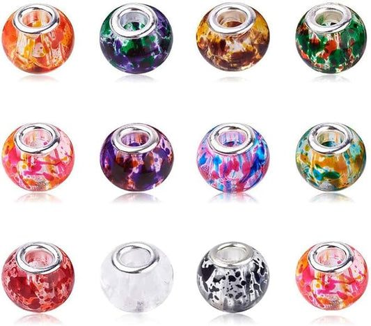 AIPRIDY 100Pcs 15x11mm Painting Murano Large Hole Glass Beads Mix Color with Silver Brass Cores European Charm fit Bracelet Necklace (Paint Splatter Glass)