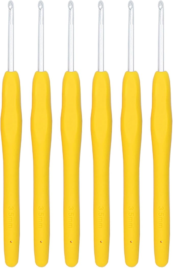 6Pcs 3.5mm Aluminum Soft Grip Rubber Ergonomic Handle Crochet Hook Knitting Needles US Size E (Size 4) for DIY Yarn Craft,Nice Gift for Women Adults Kids Children Beginners (Yellow)