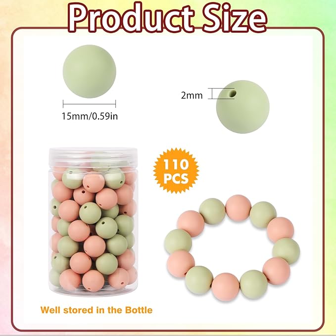 110 Pcs Silicone Focal Beads, EVERMARKET 15mm Silicone Beads for Keychain Making, Round Silicone Beads Bulk with Bottle, Rubber Loose Beads for Pens Crafts Necklace Bracelet Lanyard (Pink Green)