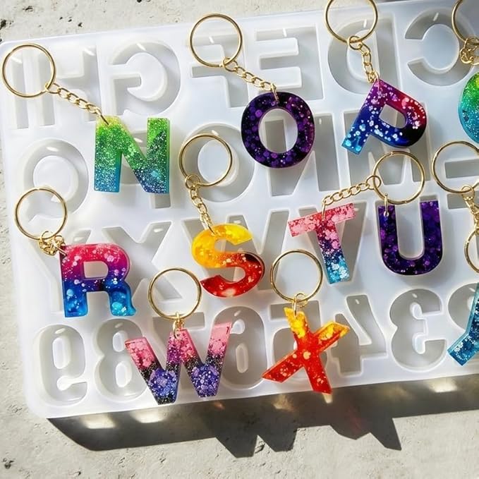Resin Letter Molds with Holes & 40 Keychain Rings (20 Gold & 20 Silver) for Keychain Making, Reversed Alphabet Silicone Mold A-Z, Large Epoxy Letter Casting Mold Kit for DIY Crafts - Upgraded Design