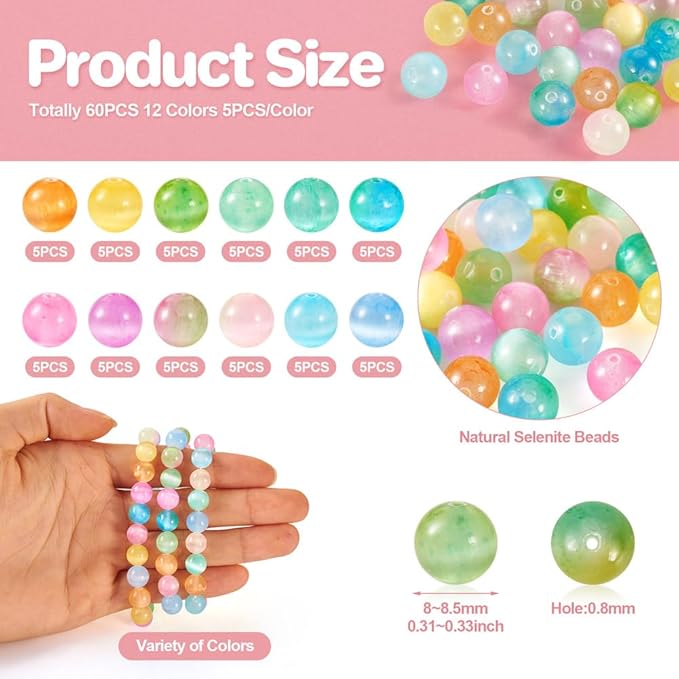 FASHEWELRY 60pcs Natural Selenite Beads 8mm Mixed Color Loose Gemstone Beads Healing Crystal Beads for DIY Bracelet Necklace Earring Jewelry Making