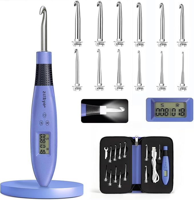 Light Up Crochet Hook Set Lighted Crochet Hook Set with 12 Different Size Interchangeable Crochet Needle, Ergonomic with 2 Levels Led and Digital Stitch Counter for Crocheting and Knitting