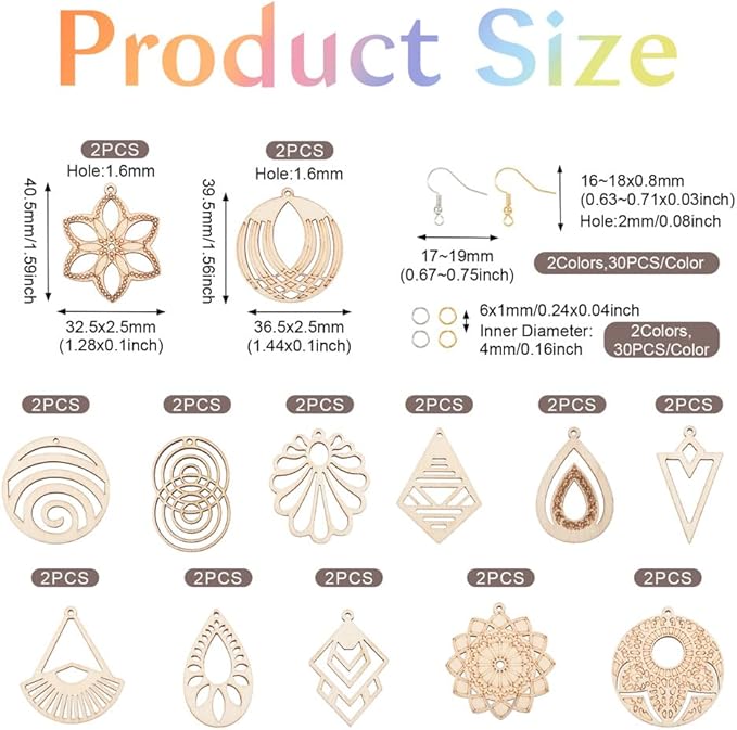 26pcs Wooden Earring Charms Unfinished Natural Wood Filigree Pendants in Teardrop & Kite & Flower & Rhombus & Triangle Shape with Earring Hooks & Jump Rings for Boho Earring DIY Jewelry Making