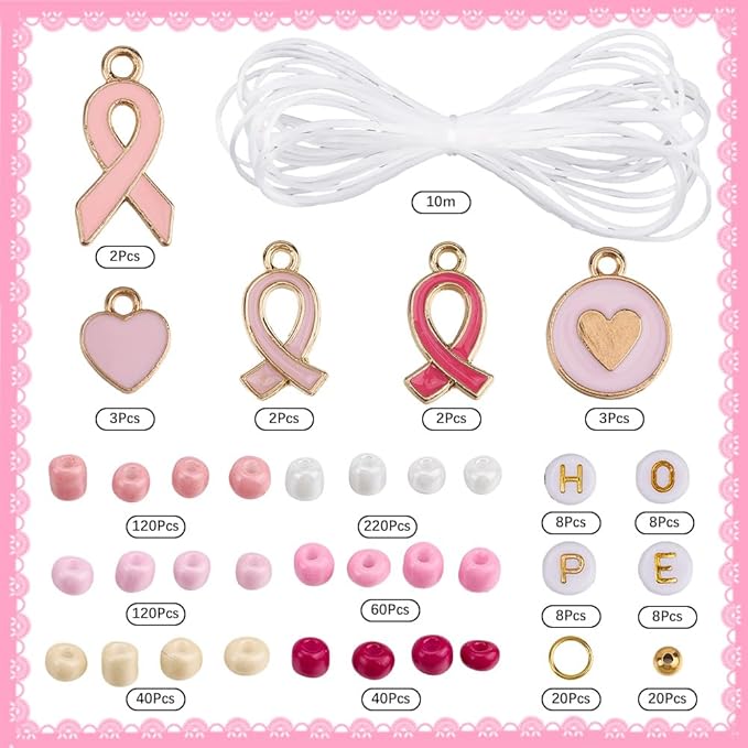 SUNNYCLUE 1 Box About 680Pcs DIY 6 Sets Breast Cancer Awareness Bracelets Pink Bracelet Making Kits Alphabet Ribbon Heart Letter Charms for Jewelry Making Kit Supplies Women Beginners Adult Starter