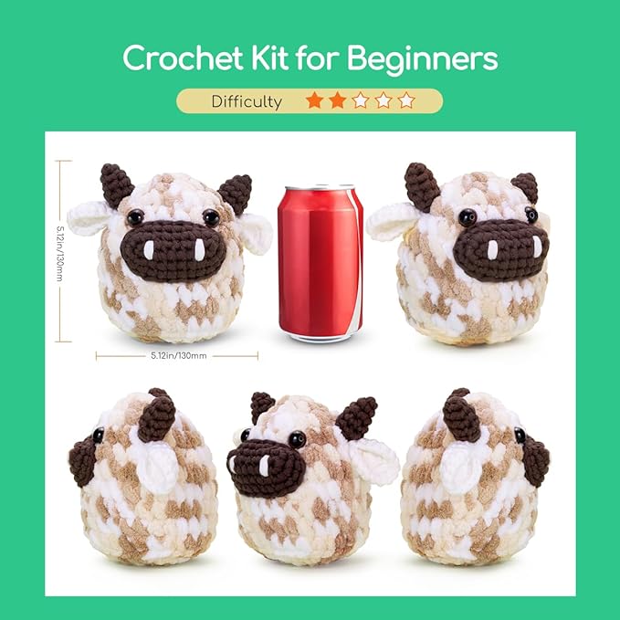 NestledCrafts Crochet Kit for Beginners, Animals Amigurumi Crochet Starter Kit with Step-by-Step Video Tutorial, Easy Knitting Set for Kids Adults, Lovely Cow - MooMoo