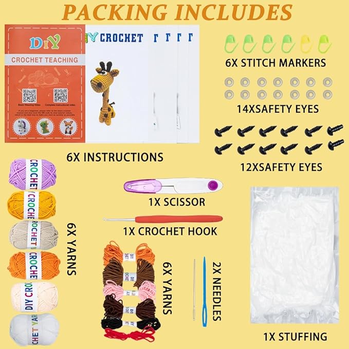 Crochet Animal Kit – 6 PCS Crochet Kit for Beginners, Knitting Kit with Step by Step Videos, Yarn, Crochet Hook, Knitting Kit for Beginners, Great Birthday Holiday Gift (Crochet 1)