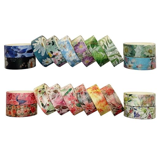 Floral Washi Tape Set 20 Rolls 15mm Wide Flower Decorative Paper Tapes for Scrapbooking, Journal, Planner, DIY Crafts, Gift Wrapping