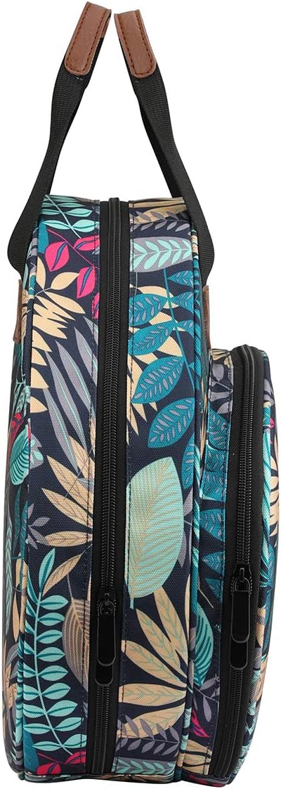 Shinyzone Cross Stitch Storage Bag with Leaf Print, Embroidery Projects Organiser, Sewing Crafts Storage Tote with Zipper Pockets for Embroidery Hoops, Charts and Threads