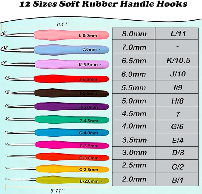 yarniss 12 size crochet hooks 2.0mm~8.0mm, ergonomic crochet hooks set with case, crochet needle tools for beginner