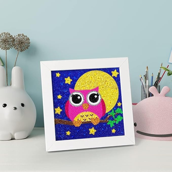 QEUOYSS Diamond Art Kit for Kids with Wooden Frame Art and Crafts for Kids Ages 6-8 -10-12 Easy to DIY Diamond Art for Kid and Adult Beginners Home Wall Decoration (Pink owl)