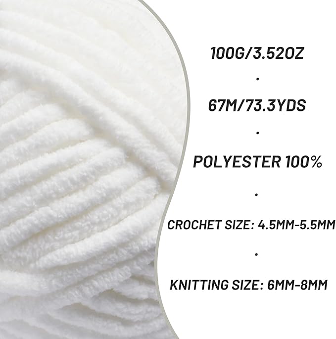 3 Pack Chunky Chenille Yarn for Crocheting, Baby Yarn for Crocheting Soft Blankets, Bulky Yarns for Crochet Amigurumi, 300g (223yds) Fluffy Velvet Yarns for Hand Knitting (3 White)