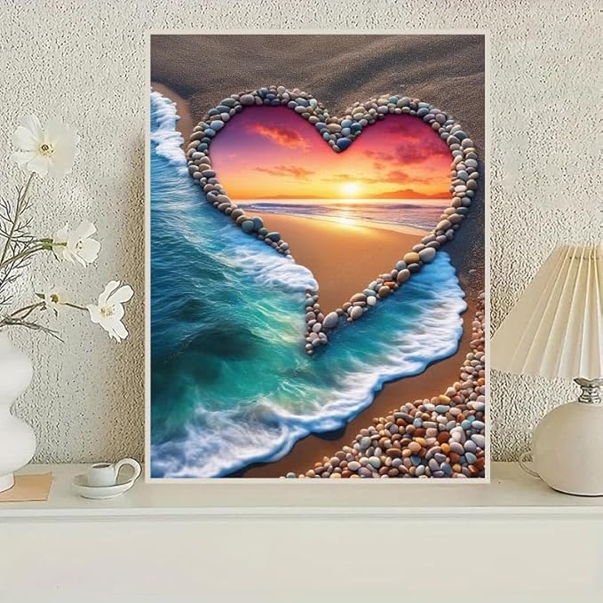 STGLCR Beach Diamond Painting Kits for Adults, 5D Love Diamond Art Kits for Beginners, DIY Full Round Drill Paint by Diamonds,Sunset Diamond Art Kits Diamond Dots Home Wall Decor 12 x 16 Inch