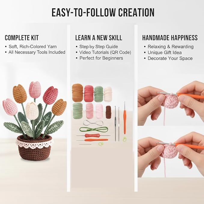 ADDZRZR Tulip Crochet Plants Kit for Starters, Complete Easy Crochet Set for Beginners Adults with Step-by-Step Tutorials, Unique Friend Gifts for Women