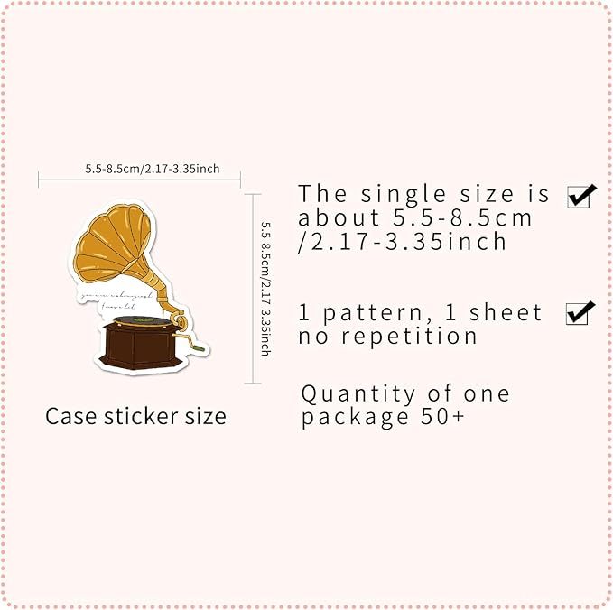 Retro Phonograph Stickers for Scrapbooking,50 Pcs Vintage Phonograph Decals, Waterproof Vinyl Stickers for Journals, Laptops, Home Decor, Ideal for Music Lovers Adults