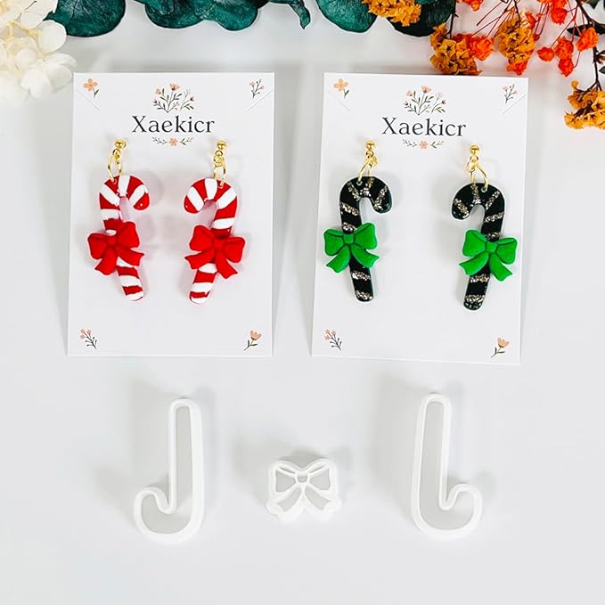 Xaekicr Christmas Candy Cane Polymer Clay Cutters – 3pcs Holiday Clay Earring Cutters Set for DIY Jewelry Making, Cute Bow and Candy Shapes, Clay Tools and Polymer Clay Molds