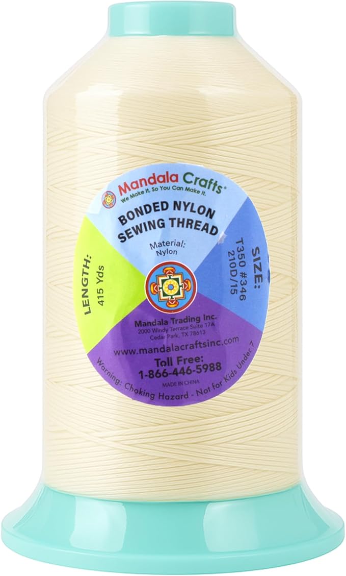 Mandala Crafts Size 346 210D T350 Bonded Nylon Thread - Ivory 415 YDs Tex 350 Heavy Duty Sewing Threads for Leather, Jeans, Weaving, Outdoor Marine Upholstery