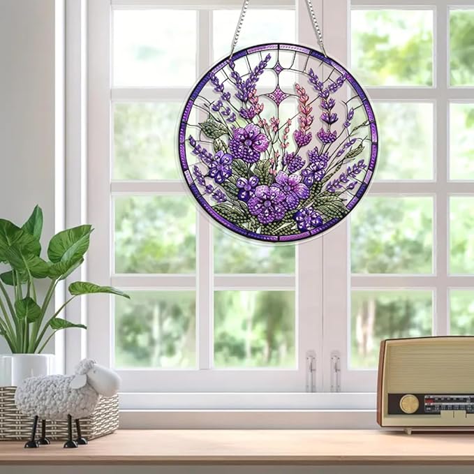 JBTM24 9.8x9.8 inch Hanging Diamond Art Pendant Kits, Double Sided Diamond Painting Hanging Sign with Chain, Special Shaped Crystal Art Ornament (Lavender)