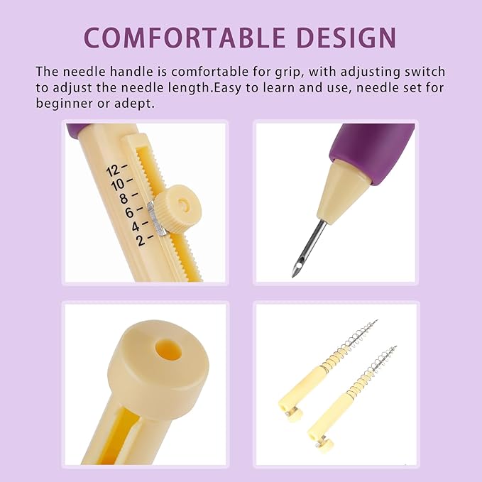 Needle Punch Kit, Adjustable Needle Length Embroidery Needle Punch with 3 Sizes, Embroidery Stitching Punch Needles Set for Adults Beginner
