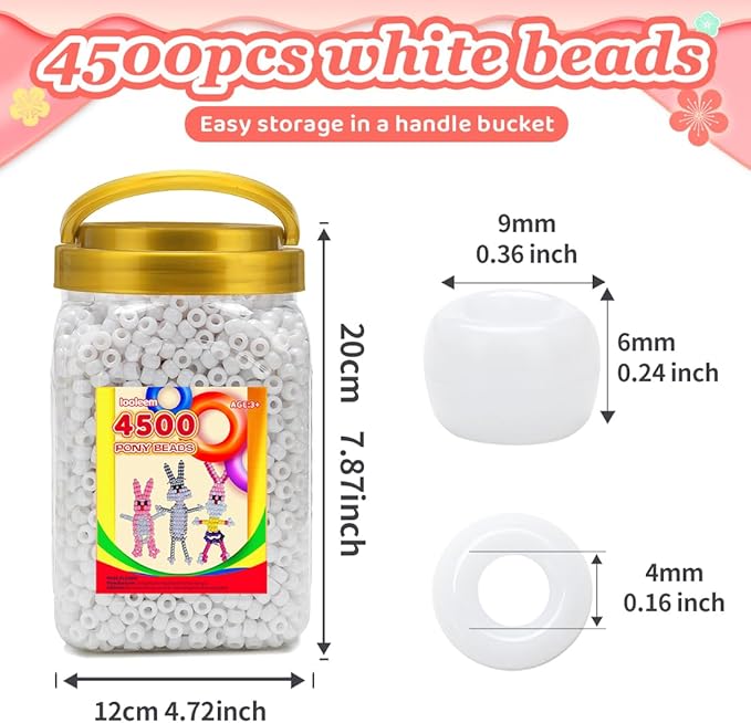 iooleem white pony beads(4500pcs), beads for bracelets making, crafts, beading supplies, friendship bracelets making.