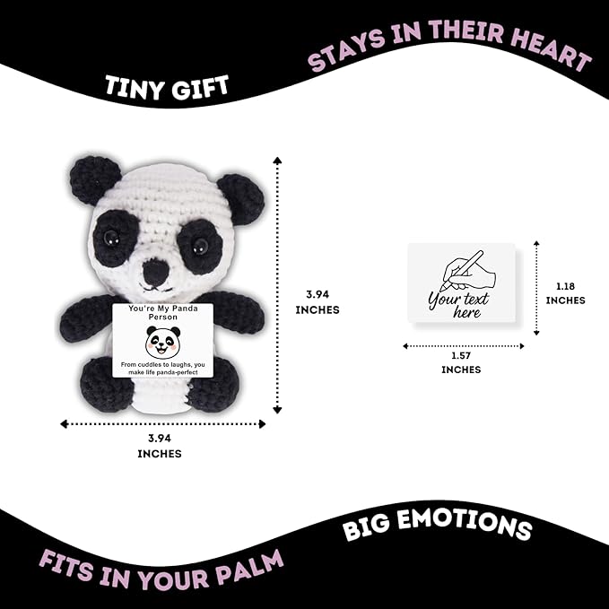 Handmade Mini Positive Crochet Animals Customizable Card Set with Positive Messages Emotional Support Crochet Birthday Gift for Woman Men Her him Motivational Desk Decor (Panda - Love)