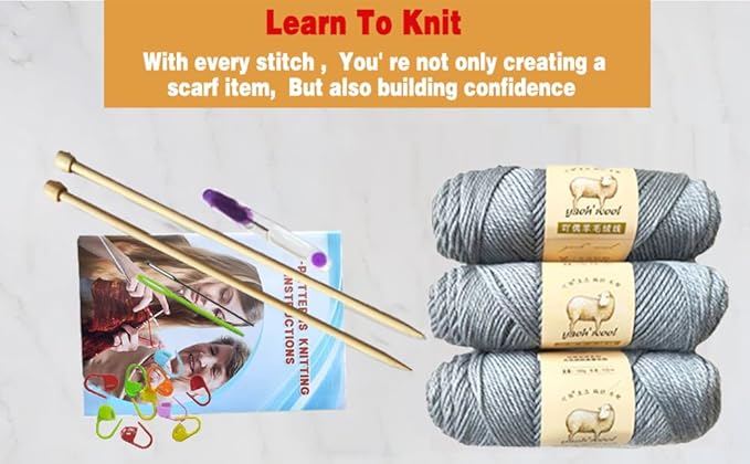 kaaper knitting kit for beginners adults, crochet kit for beginners knitting starter kit, learn to knit starter bundle for scarves, hats & gloves includes wool yarn, needles & accessories (gray)