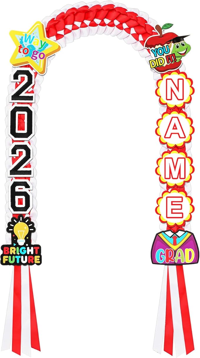 Juexica Kindergarten Graduation Ribbon Leis Class of 2026 Braided Necklace Making Kit with Alphabetic Decorative Cards Preschool Kids Grad Graduation Party Gifts(Red, White)