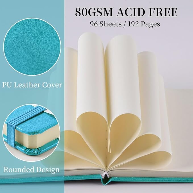 Square 5x5 inches 80gsm 96sheets/192 Pages Notebooks Blank Sketchbooks Travel Journal Pocket Hardcover Paint Writing Diary Memo Planner PU Leather Cover. Lake Blue