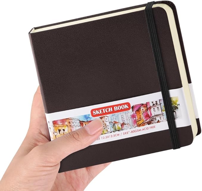 Square 5x5 inches 80gsm 96sheets/192 Pages Notebooks Blank Sketchbooks Travel Journal Pocket Hardcover Paint Writing Diary Memo Planner PU Leather Cover. Dark Brown