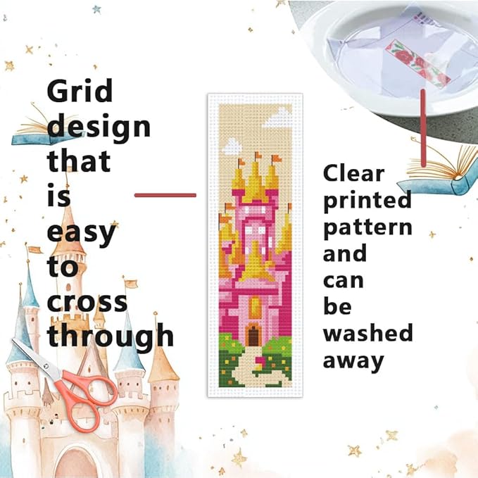 INFUNLY 6 Set Fairytale Elements Cross Stitch Bookmark Kits 8"x2.4" DIY Mermaids Embroidery Bookmark Kits for Beginners with Instruction Cartoon Castle Bookmark Making Kit for Book Lovers Reader Gift