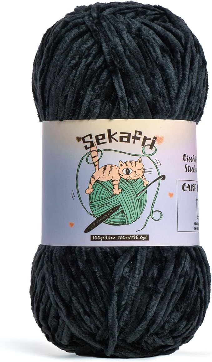 Fuzzy Chenille Yarn for Crocheting, Fluffy Amigurumi Crochet Yarn for DIY Craft/Hat/Shoes, (100g/197yds) Soft Velvet Baby Blanket Yarns（Black）